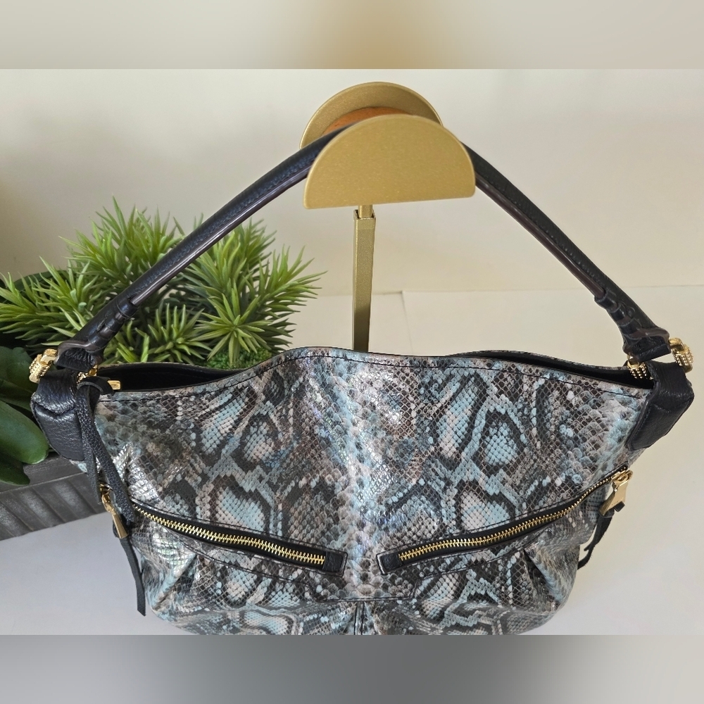 Aimee Kestenberg Snakeskin Embossed Leather Hobo Bag Gray Black Pale Blue - Picture 4 of 16